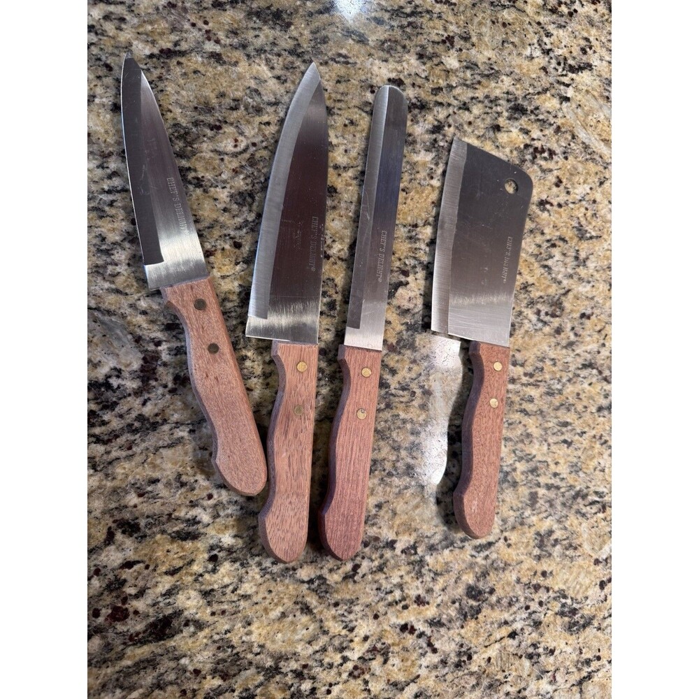 Vintage Interpur Chef’s Delight Japan Stainless 4pc Knife Set Wood Handle Cleave